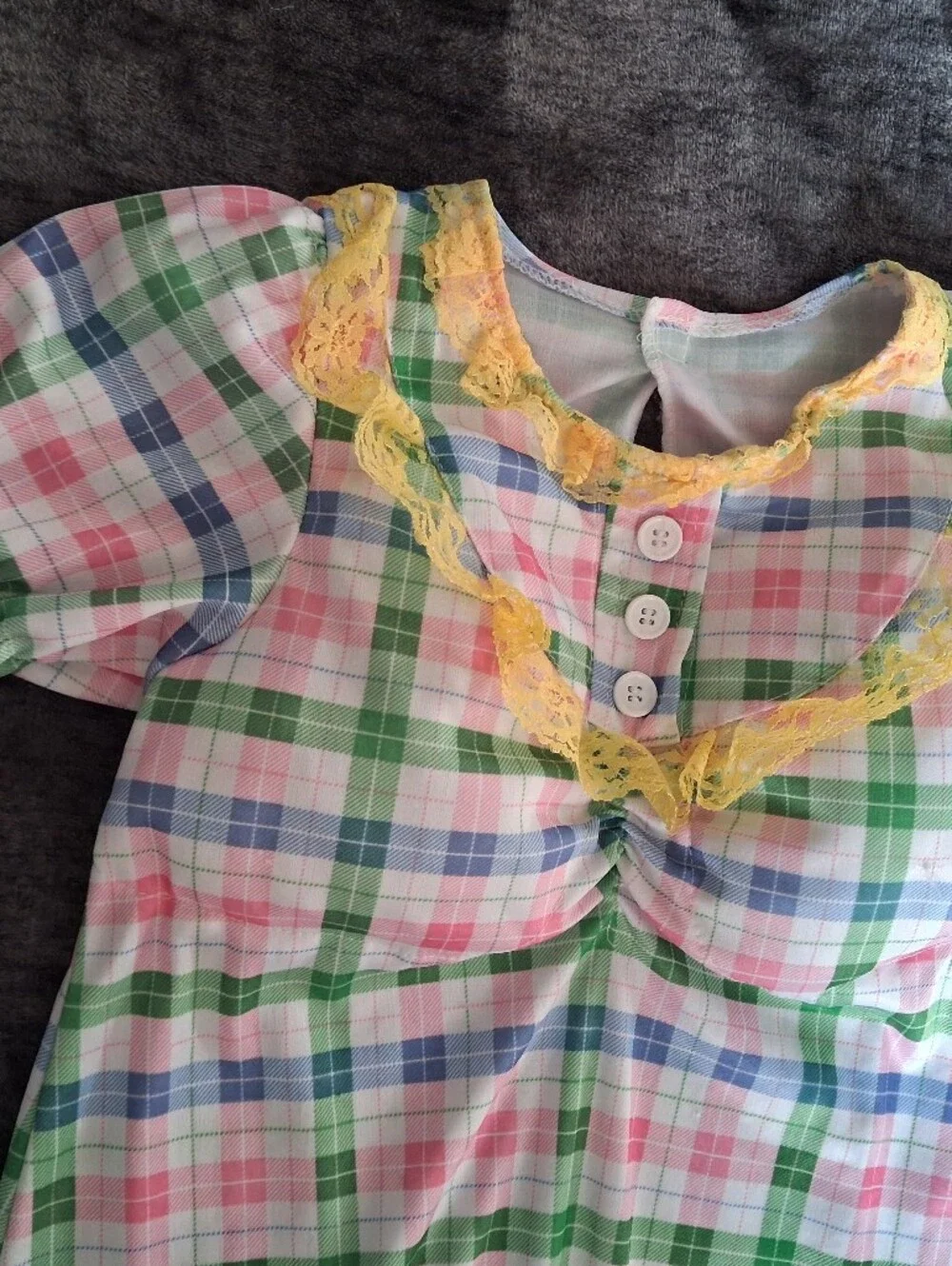 Old Lady Plaid Dress Halloween Costume Fake Padded Chest Kids, Girls Size M